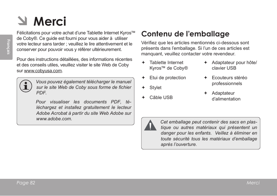 Merci, Contenu de l’emballage | COBY electronic MID7012 User Manual | Page 82 / 124