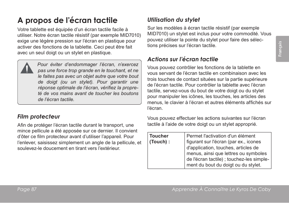 A propos de l’écran tactile | COBY electronic MID7012 User Manual | Page 87 / 124