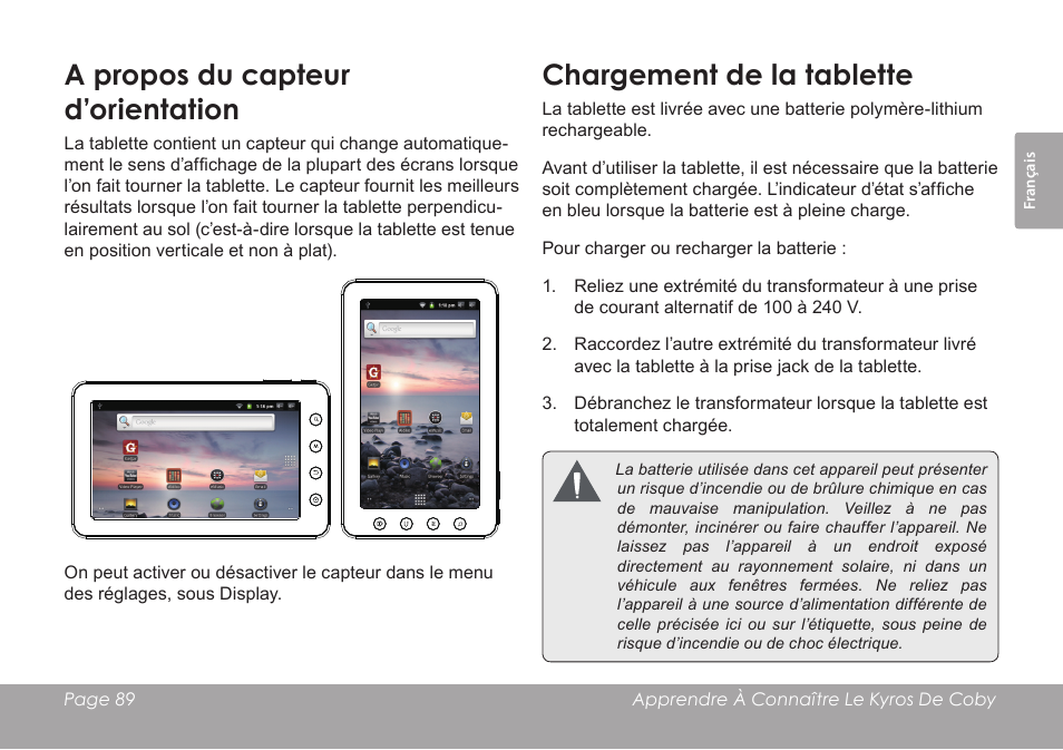 A propos du capteur d’orientation, Chargement de la tablette | COBY electronic MID7012 User Manual | Page 89 / 124