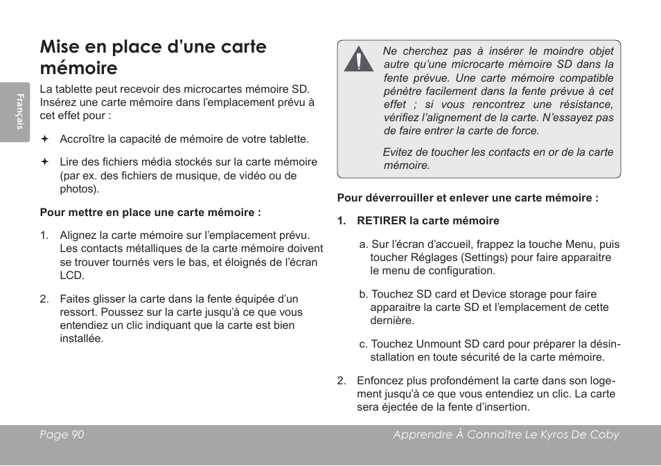 Mise en place d’une carte mémoire | COBY electronic MID7012 User Manual | Page 90 / 124