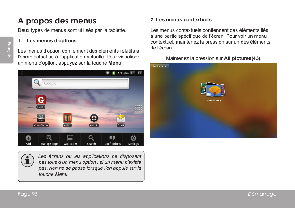 A propos des menus | COBY electronic MID7012 User Manual | Page 98 / 124