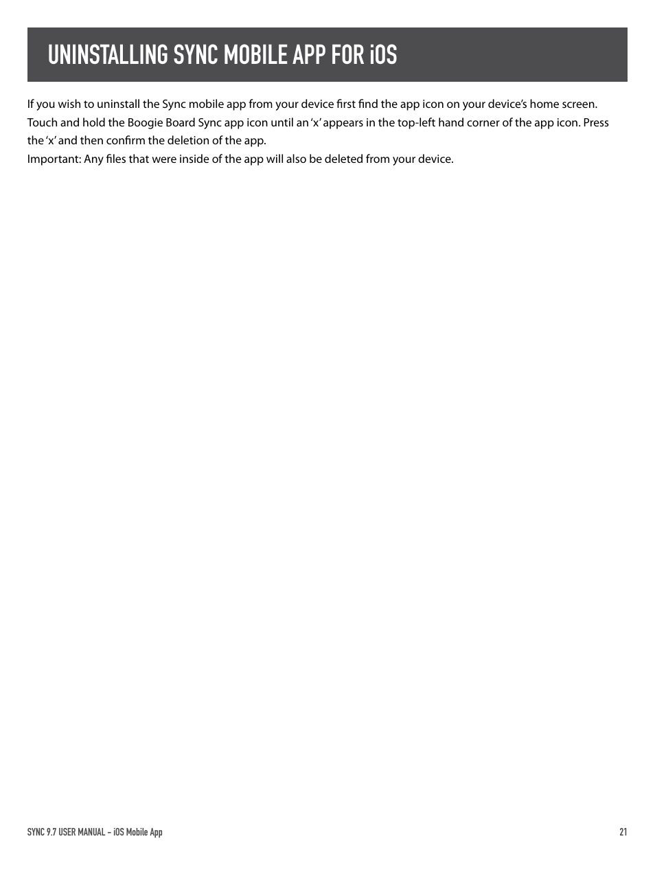 Uninstalling sync mobile app for ios | Boogie Board Sync 9.7 eWriter User Manual | Page 21 / 26