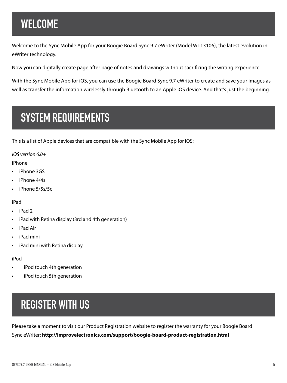 Welcome, System requirements, Register with us | Boogie Board Sync 9.7 eWriter User Manual | Page 5 / 26