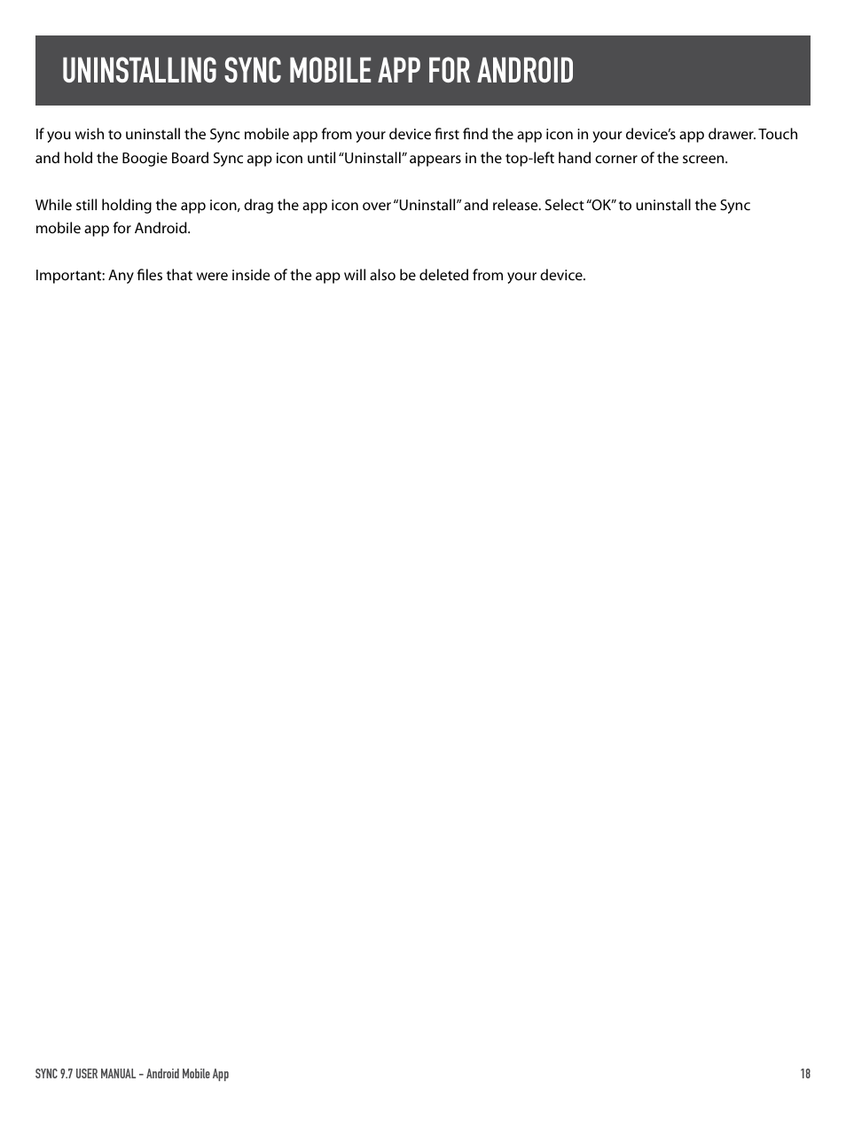 Uninstalling sync mobile app for android | Boogie Board Sync 9.7 eWriter User Manual | Page 18 / 23