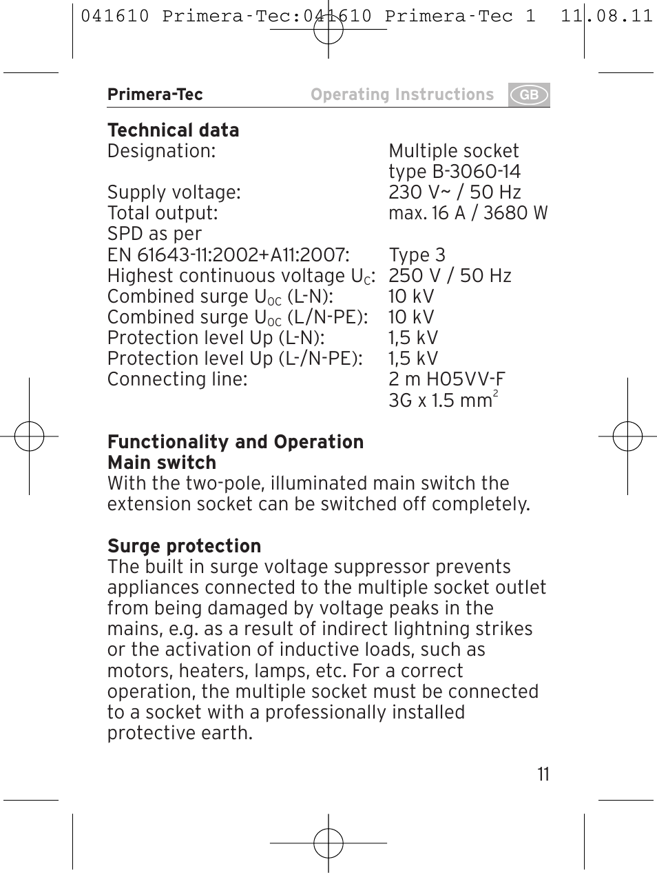 Brennenstuhl Primera-Tec 15.000A extension socket with surge protection 6-way black 2m H05VV-F 3G1.5 User Manual | Page 11 / 56