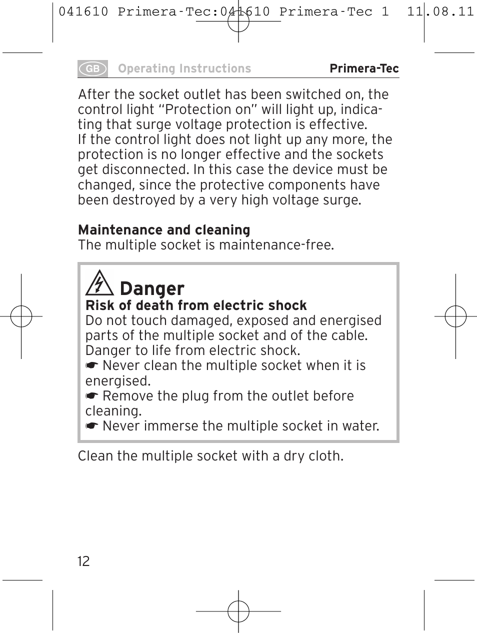 Danger | Brennenstuhl Primera-Tec 15.000A extension socket with surge protection 6-way black 2m H05VV-F 3G1.5 User Manual | Page 12 / 56