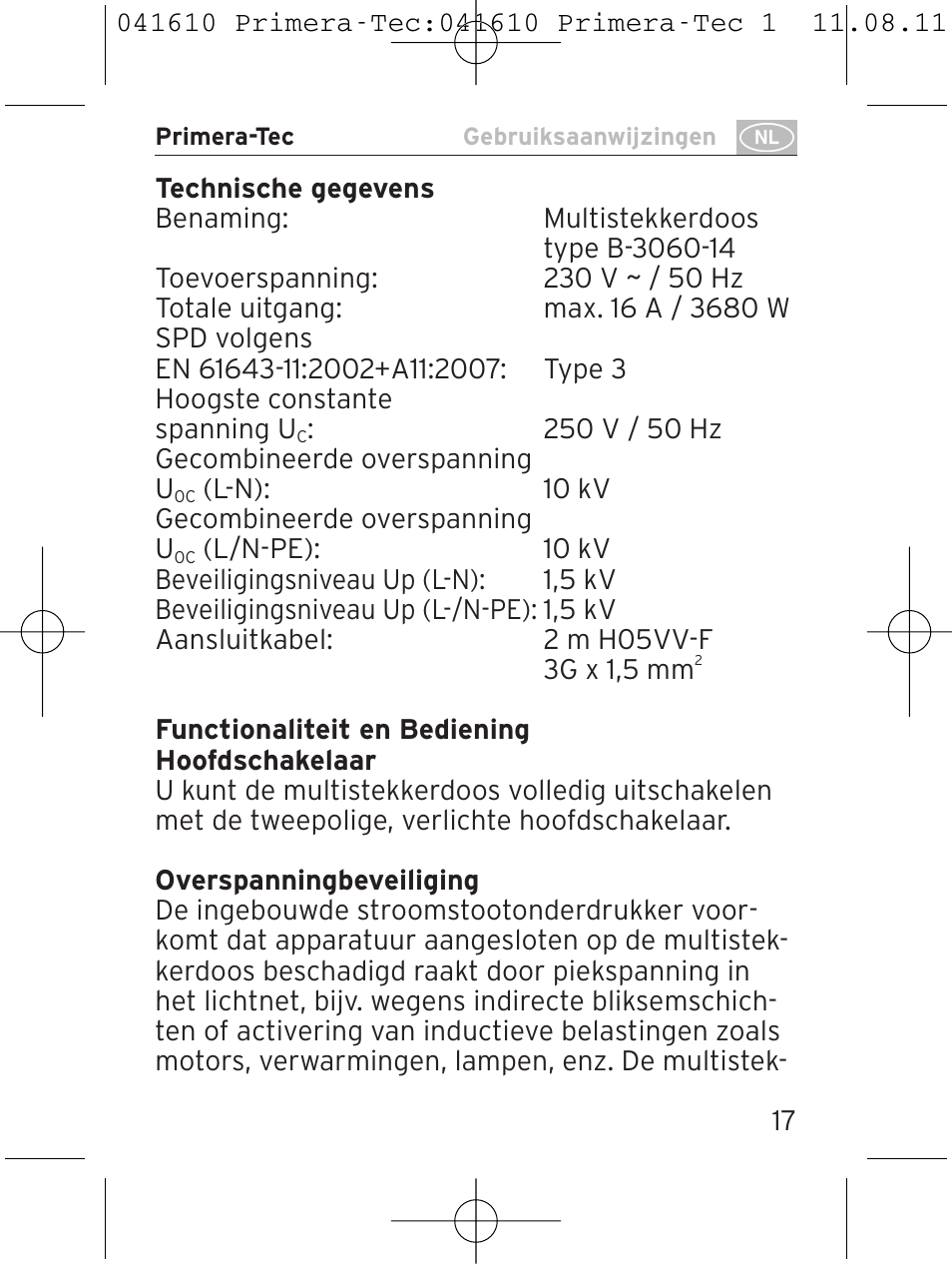 Brennenstuhl Primera-Tec 15.000A extension socket with surge protection 6-way black 2m H05VV-F 3G1.5 User Manual | Page 17 / 56
