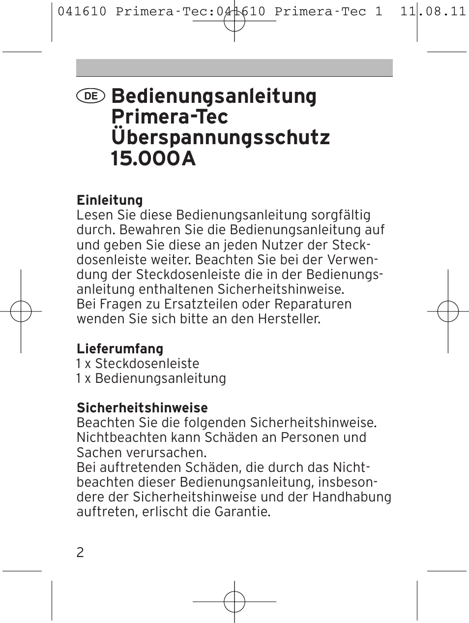 Brennenstuhl Primera-Tec 15.000A extension socket with surge protection 6-way black 2m H05VV-F 3G1.5 User Manual | Page 2 / 56