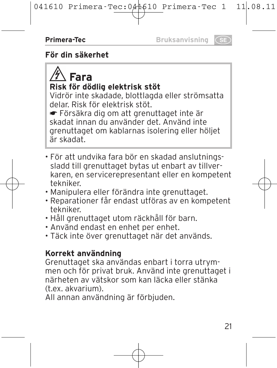 Fara | Brennenstuhl Primera-Tec 15.000A extension socket with surge protection 6-way black 2m H05VV-F 3G1.5 User Manual | Page 21 / 56