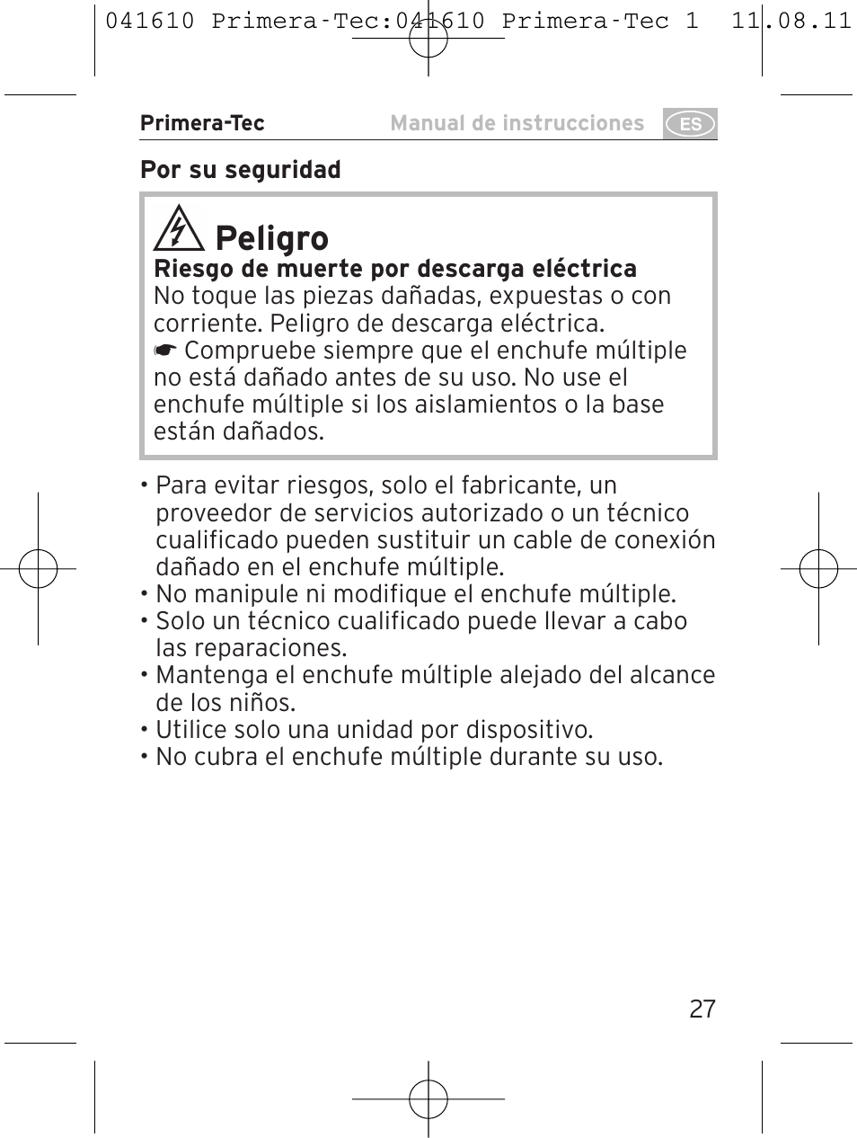 Peligro | Brennenstuhl Primera-Tec 15.000A extension socket with surge protection 6-way black 2m H05VV-F 3G1.5 User Manual | Page 27 / 56