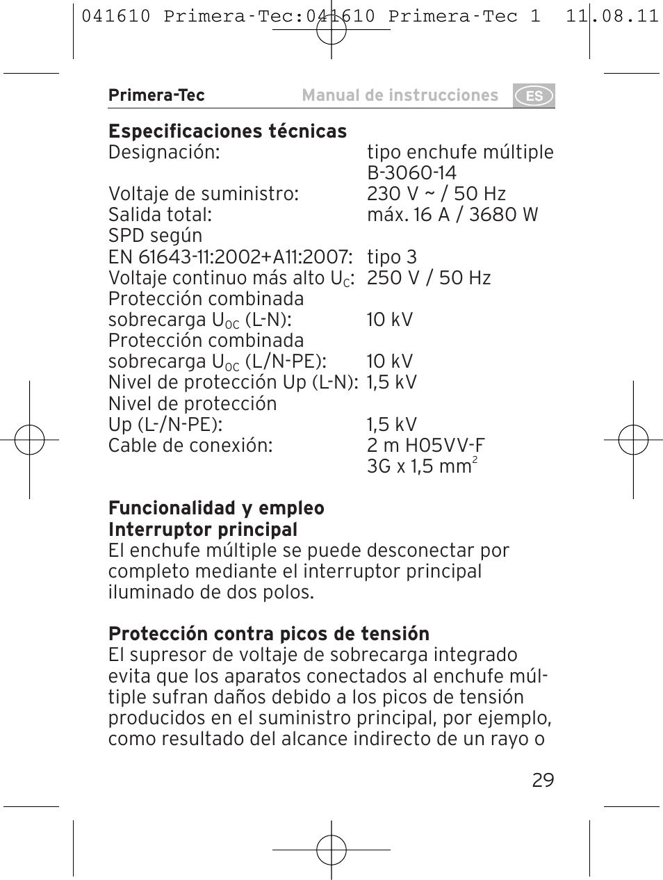 Brennenstuhl Primera-Tec 15.000A extension socket with surge protection 6-way black 2m H05VV-F 3G1.5 User Manual | Page 29 / 56