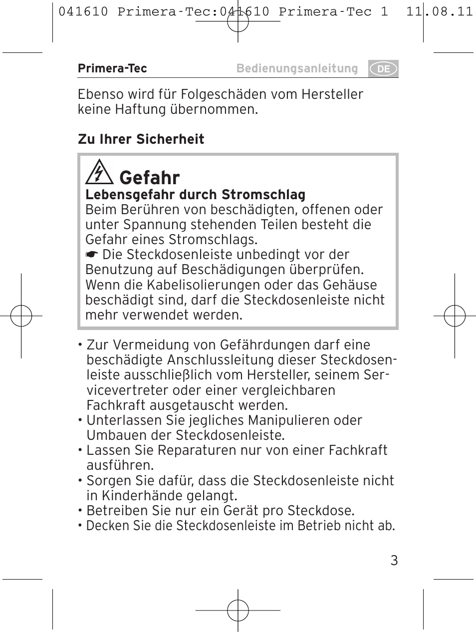 Gefahr | Brennenstuhl Primera-Tec 15.000A extension socket with surge protection 6-way black 2m H05VV-F 3G1.5 User Manual | Page 3 / 56