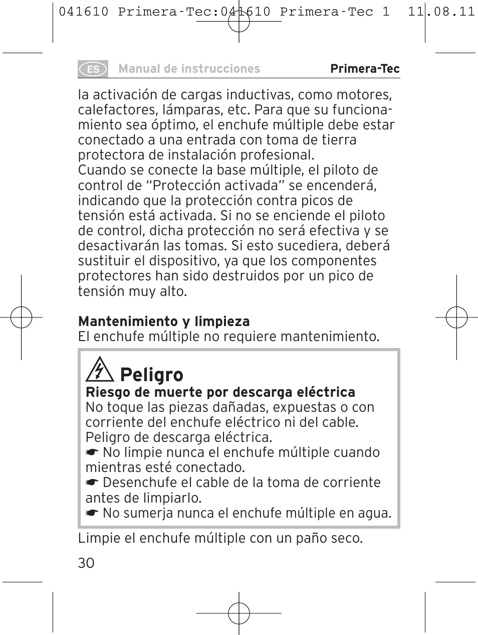 Peligro | Brennenstuhl Primera-Tec 15.000A extension socket with surge protection 6-way black 2m H05VV-F 3G1.5 User Manual | Page 30 / 56
