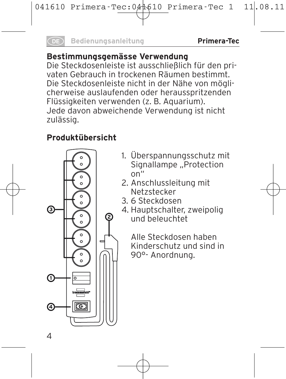 Brennenstuhl Primera-Tec 15.000A extension socket with surge protection 6-way black 2m H05VV-F 3G1.5 User Manual | Page 4 / 56