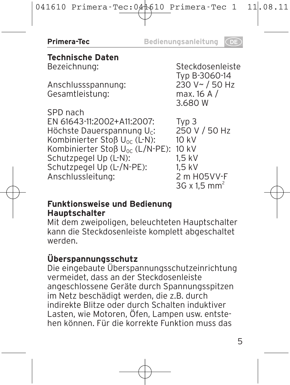 Brennenstuhl Primera-Tec 15.000A extension socket with surge protection 6-way black 2m H05VV-F 3G1.5 User Manual | Page 5 / 56