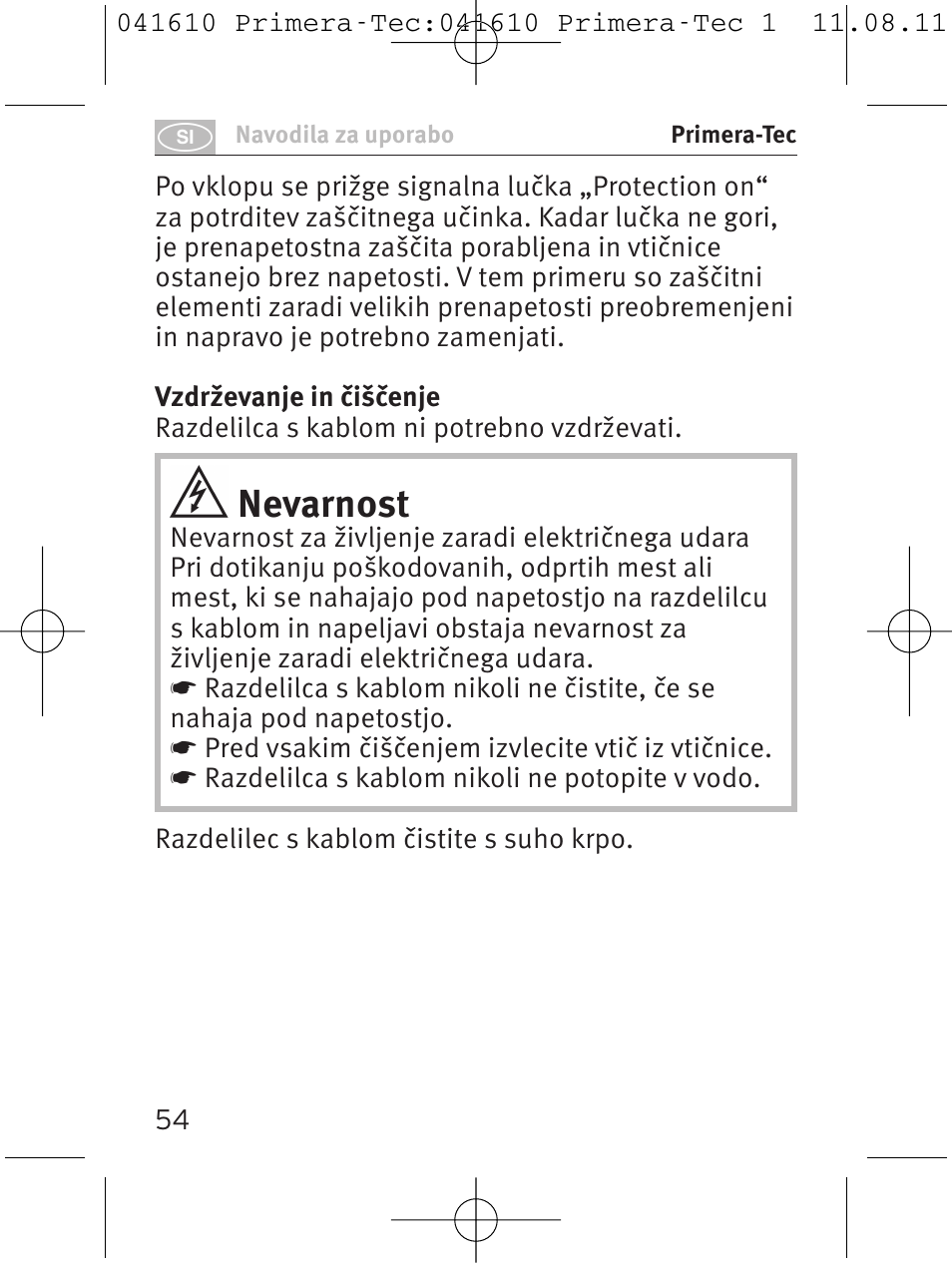 Nevarnost | Brennenstuhl Primera-Tec 15.000A extension socket with surge protection 6-way black 2m H05VV-F 3G1.5 User Manual | Page 54 / 56