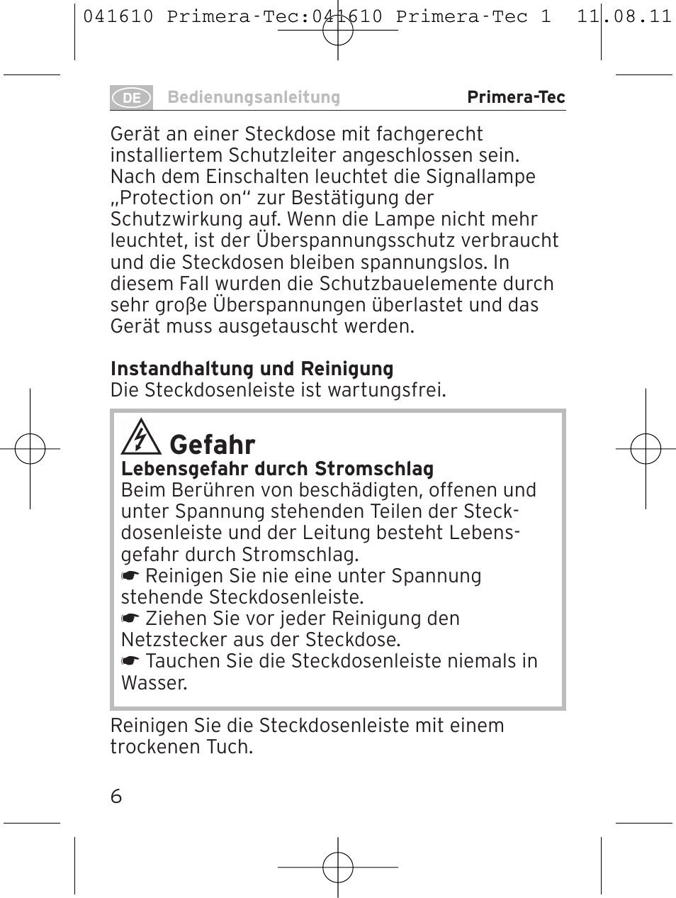 Gefahr | Brennenstuhl Primera-Tec 15.000A extension socket with surge protection 6-way black 2m H05VV-F 3G1.5 User Manual | Page 6 / 56