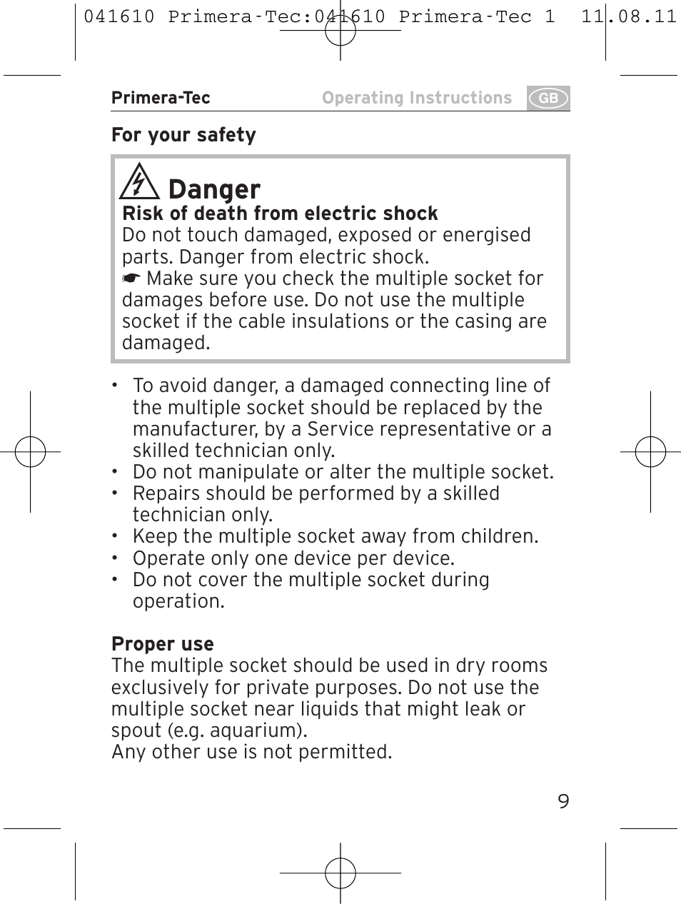 Danger | Brennenstuhl Primera-Tec 15.000A extension socket with surge protection 6-way black 2m H05VV-F 3G1.5 User Manual | Page 9 / 56