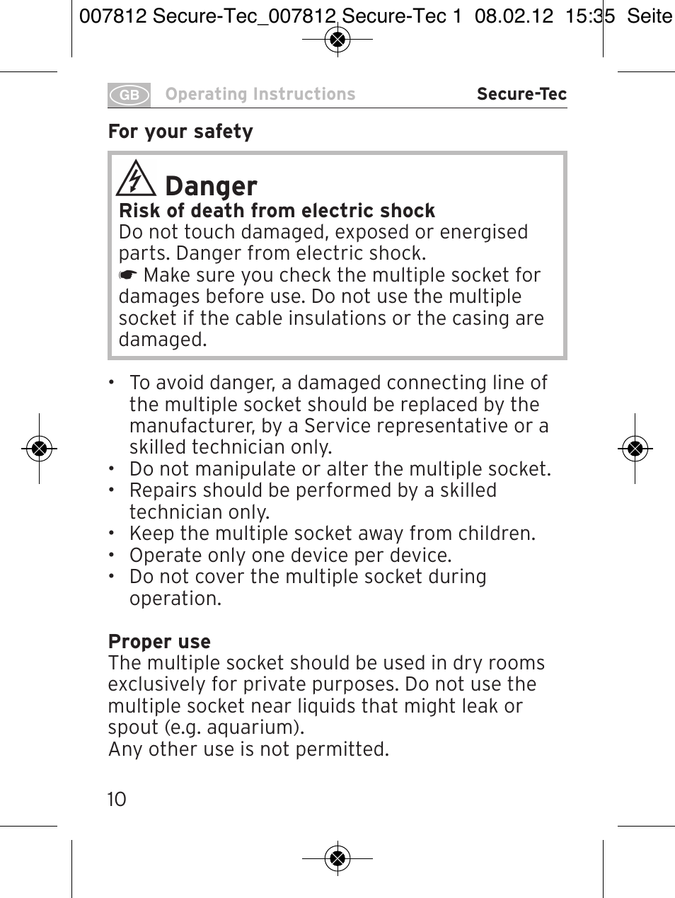 Danger | Brennenstuhl Secure-Tec 19.500A extension socket with surge protection 6-way anthracite 2m H05VV-F 3G1,5 User Manual | Page 10 / 64