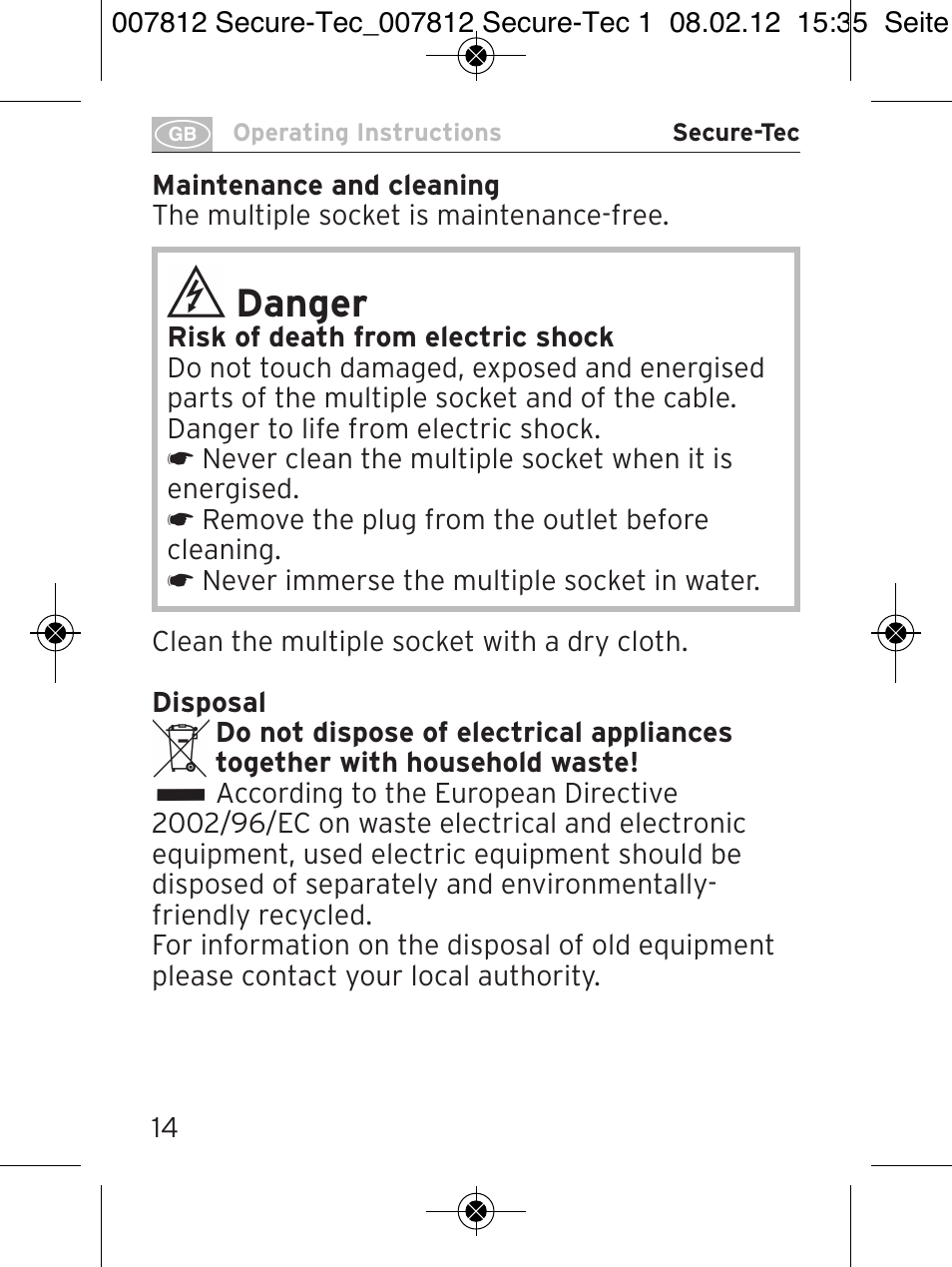 Danger | Brennenstuhl Secure-Tec 19.500A extension socket with surge protection 6-way anthracite 2m H05VV-F 3G1,5 User Manual | Page 14 / 64