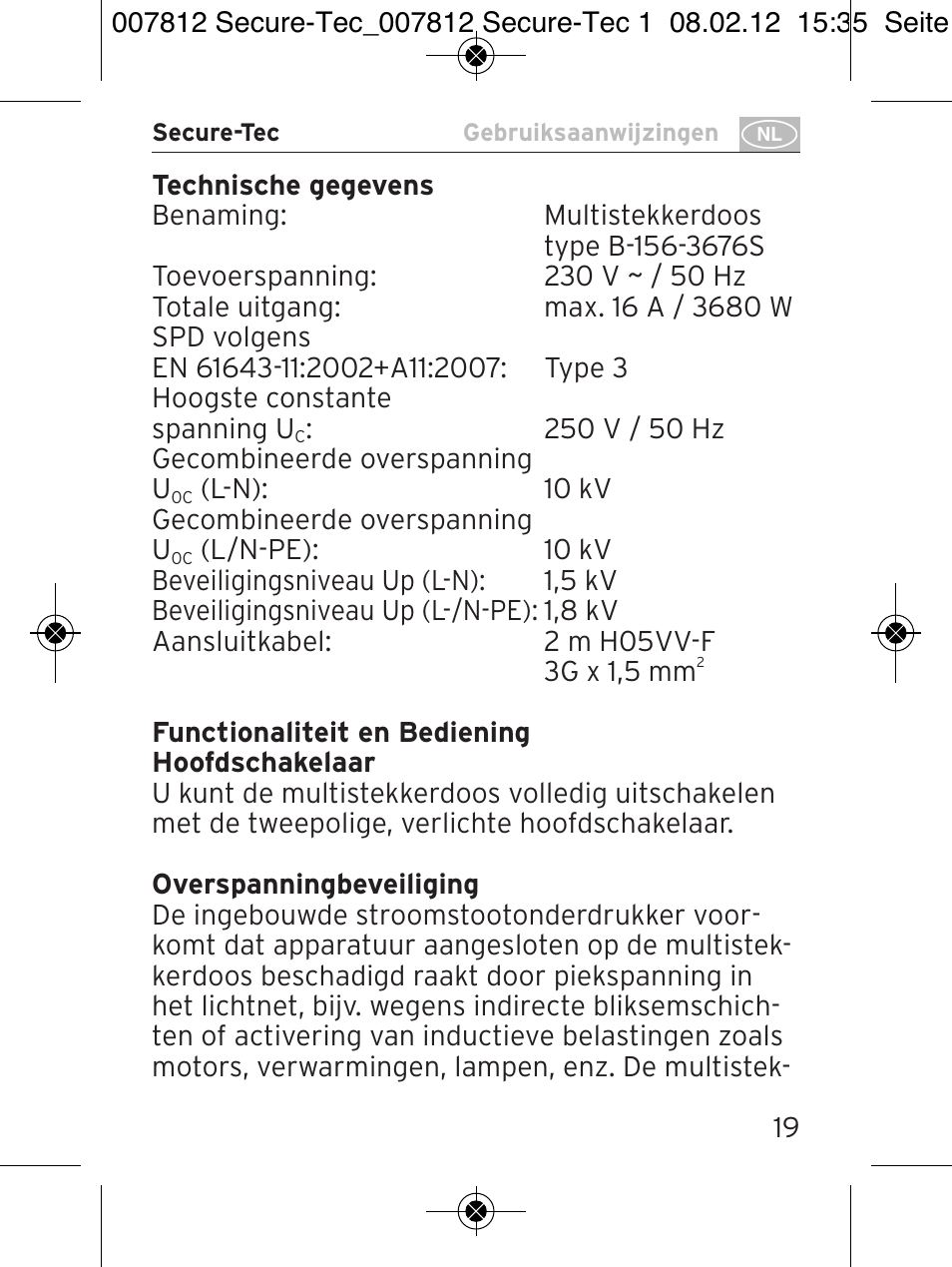 Brennenstuhl Secure-Tec 19.500A extension socket with surge protection 6-way anthracite 2m H05VV-F 3G1,5 User Manual | Page 19 / 64