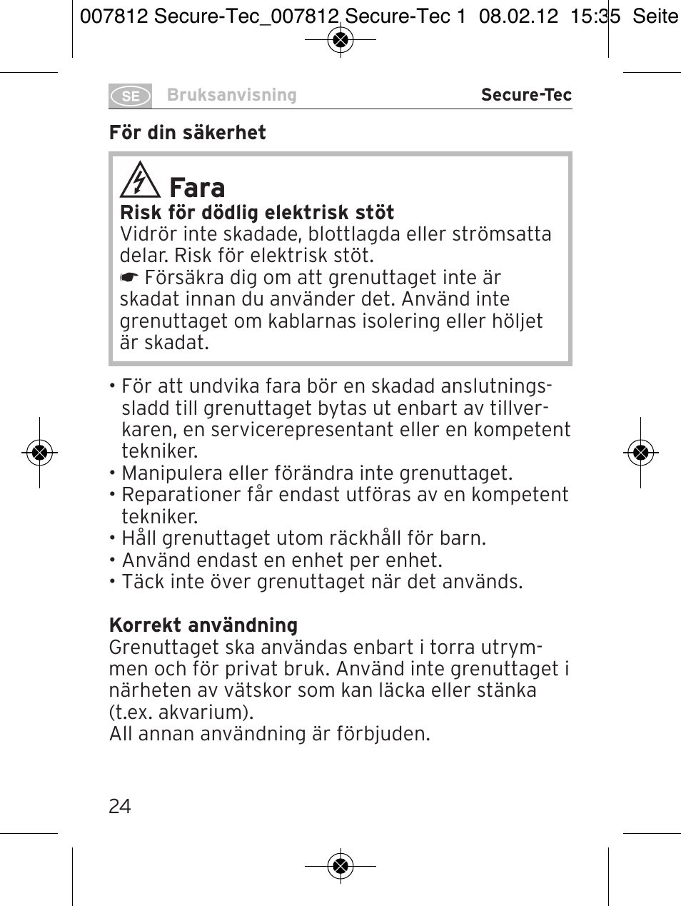Fara | Brennenstuhl Secure-Tec 19.500A extension socket with surge protection 6-way anthracite 2m H05VV-F 3G1,5 User Manual | Page 24 / 64
