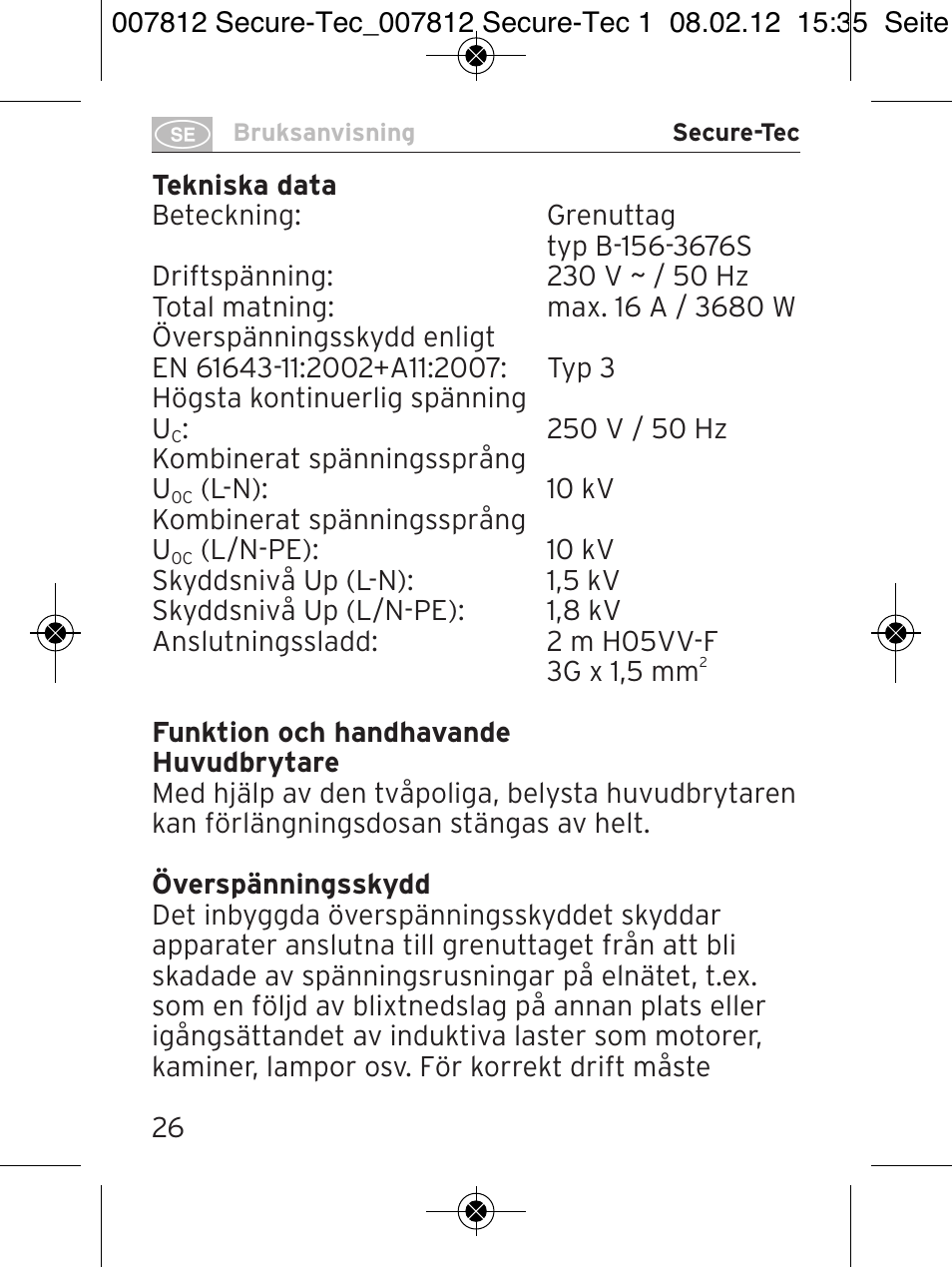 Brennenstuhl Secure-Tec 19.500A extension socket with surge protection 6-way anthracite 2m H05VV-F 3G1,5 User Manual | Page 26 / 64