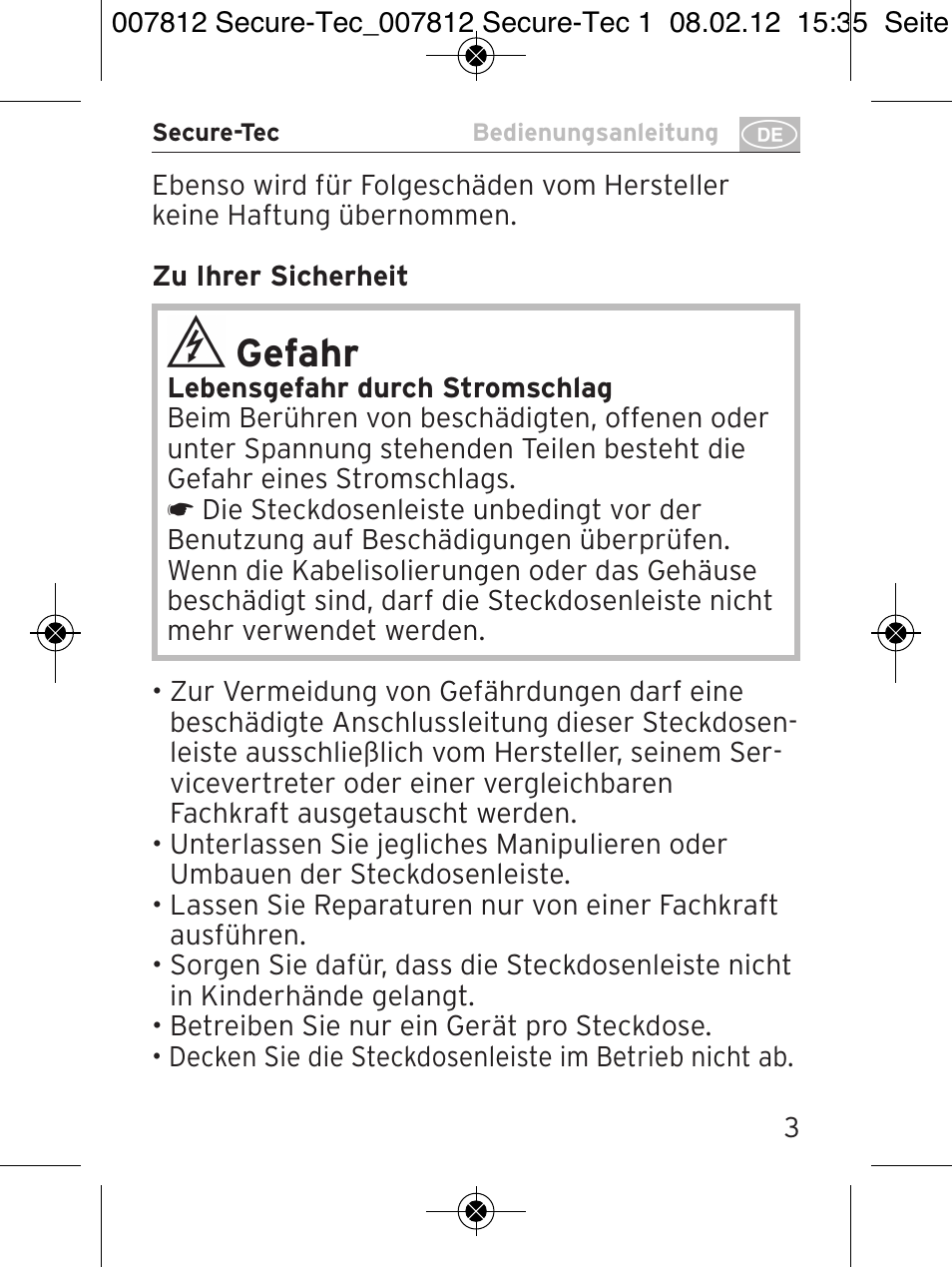 Gefahr | Brennenstuhl Secure-Tec 19.500A extension socket with surge protection 6-way anthracite 2m H05VV-F 3G1,5 User Manual | Page 3 / 64