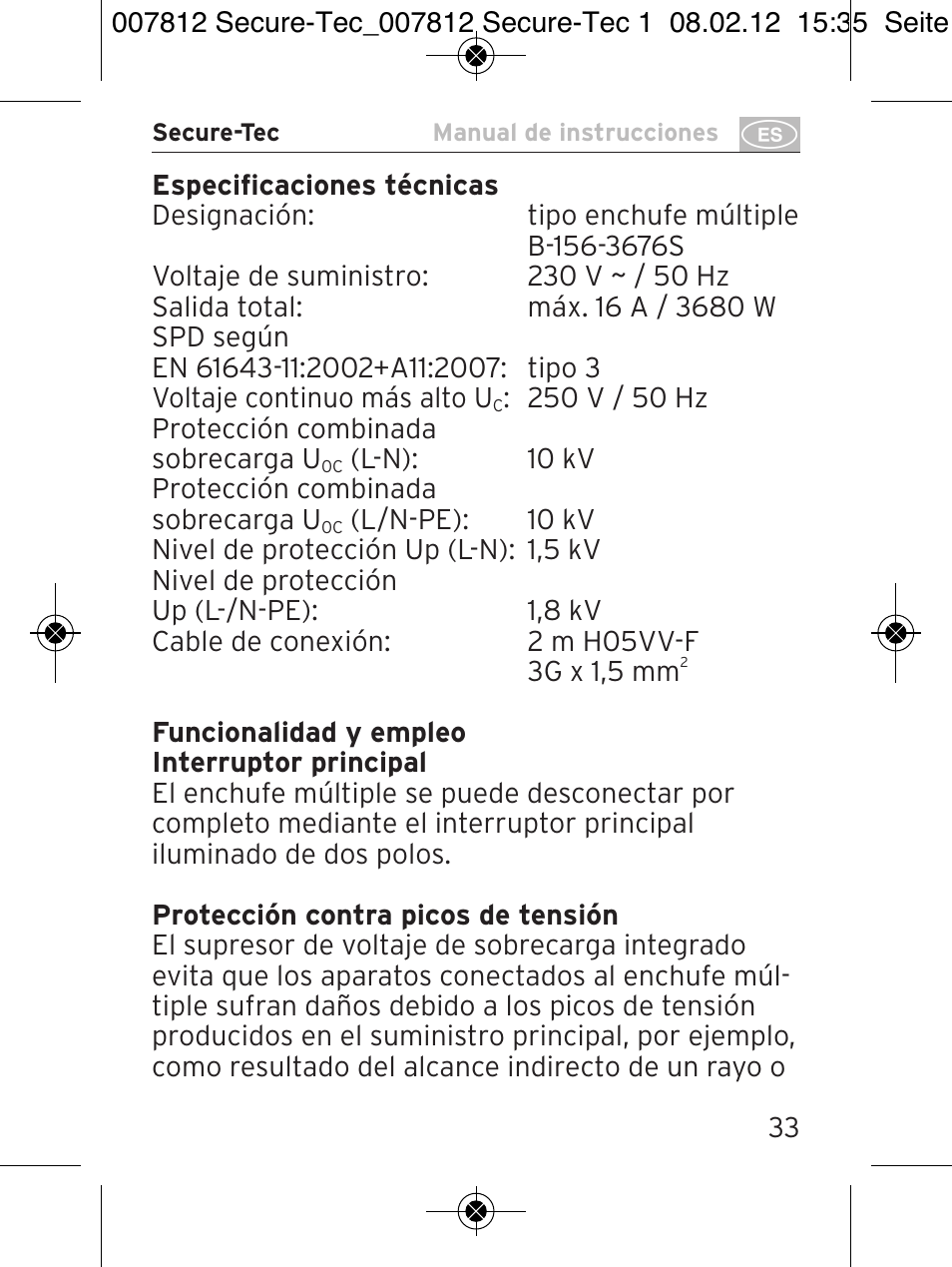 Brennenstuhl Secure-Tec 19.500A extension socket with surge protection 6-way anthracite 2m H05VV-F 3G1,5 User Manual | Page 33 / 64