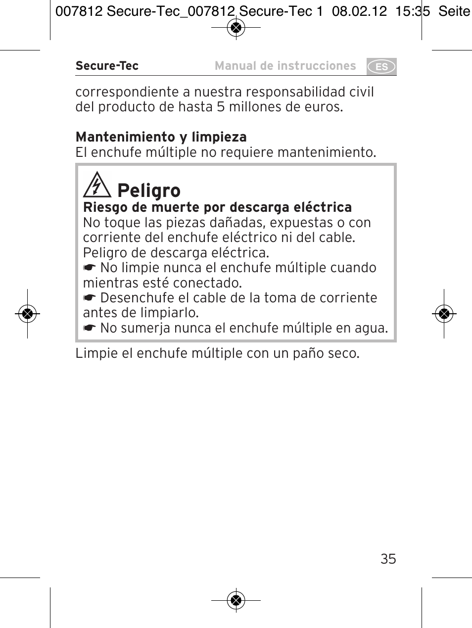 Peligro | Brennenstuhl Secure-Tec 19.500A extension socket with surge protection 6-way anthracite 2m H05VV-F 3G1,5 User Manual | Page 35 / 64