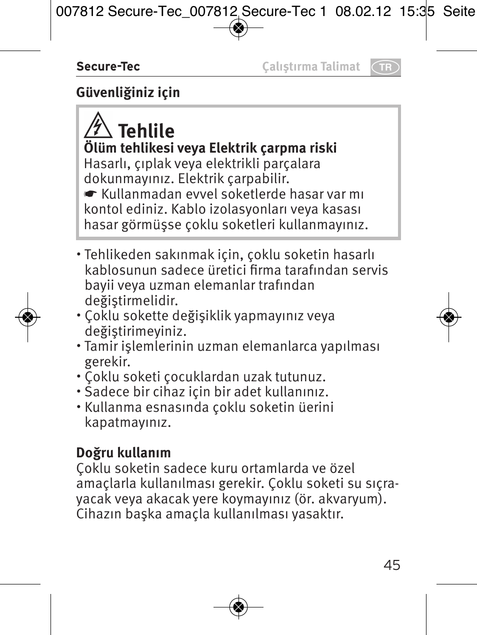 Tehlile | Brennenstuhl Secure-Tec 19.500A extension socket with surge protection 6-way anthracite 2m H05VV-F 3G1,5 User Manual | Page 45 / 64