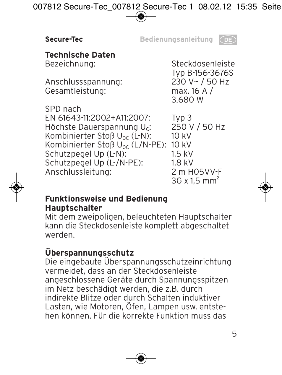 Brennenstuhl Secure-Tec 19.500A extension socket with surge protection 6-way anthracite 2m H05VV-F 3G1,5 User Manual | Page 5 / 64