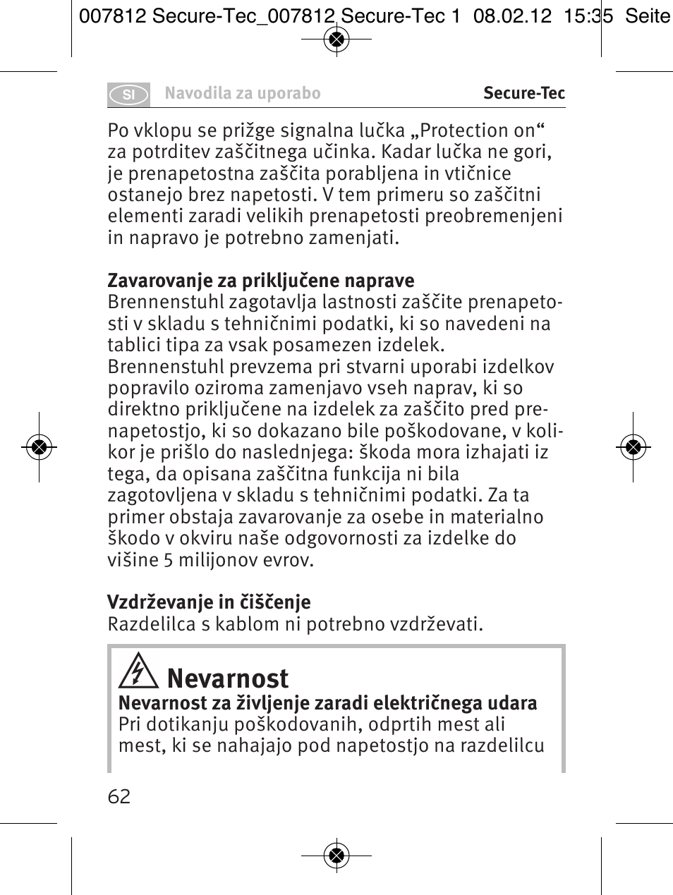 Nevarnost | Brennenstuhl Secure-Tec 19.500A extension socket with surge protection 6-way anthracite 2m H05VV-F 3G1,5 User Manual | Page 62 / 64