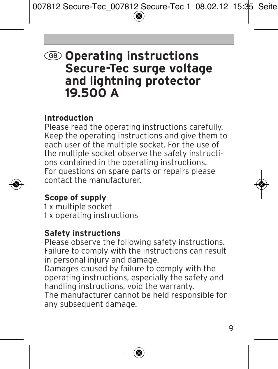Brennenstuhl Secure-Tec 19.500A extension socket with surge protection 6-way anthracite 2m H05VV-F 3G1,5 User Manual | Page 9 / 64