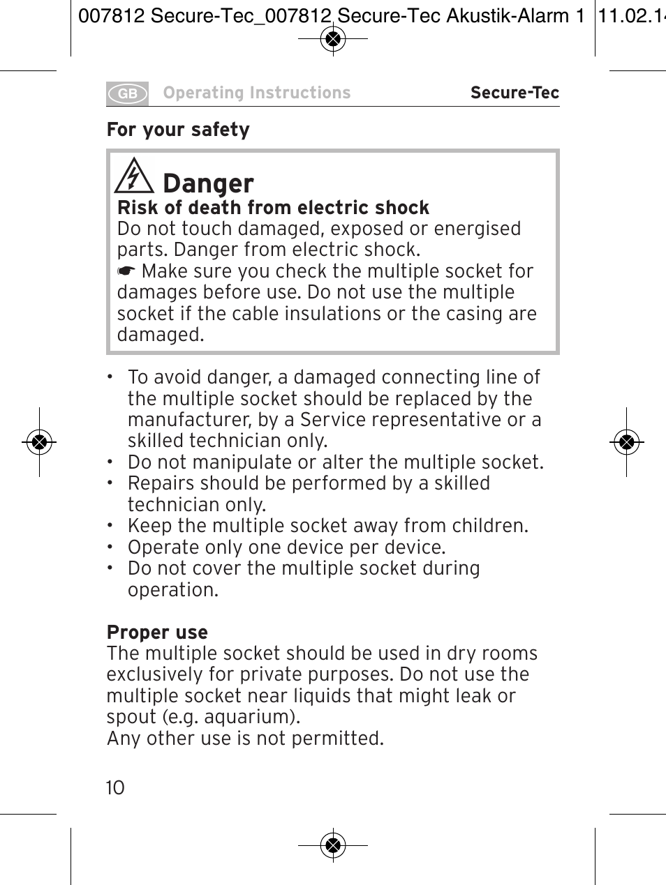 Danger | Brennenstuhl Secure-Tec 19.500A extension socket with surge protection acoustic 6-way anthracite 3m H05VV-F 3G1,5 User Manual | Page 10 / 64