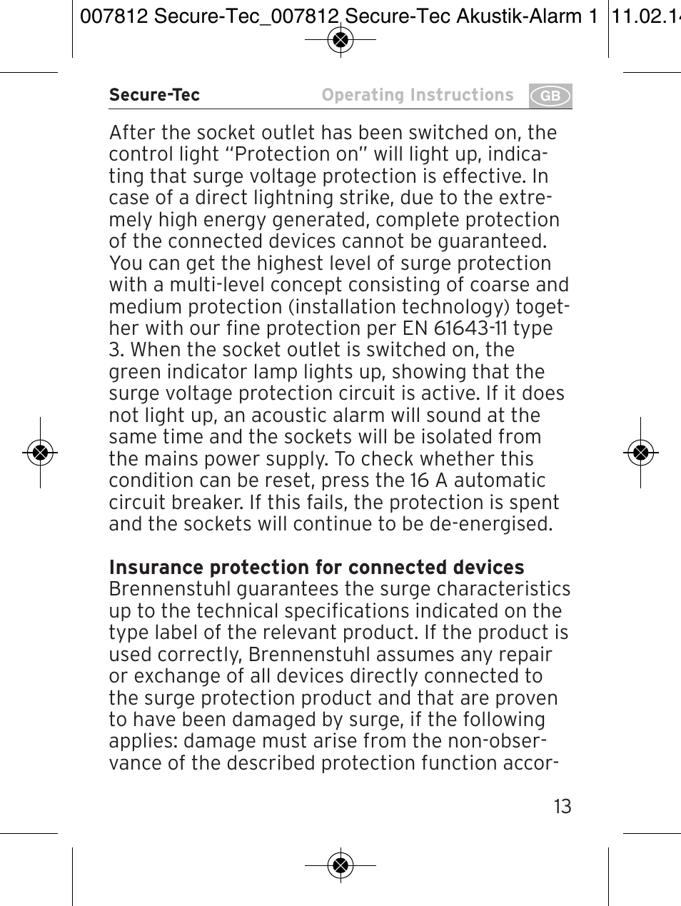 Brennenstuhl Secure-Tec 19.500A extension socket with surge protection acoustic 6-way anthracite 3m H05VV-F 3G1,5 User Manual | Page 13 / 64