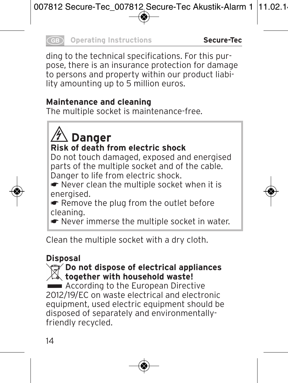 Danger | Brennenstuhl Secure-Tec 19.500A extension socket with surge protection acoustic 6-way anthracite 3m H05VV-F 3G1,5 User Manual | Page 14 / 64