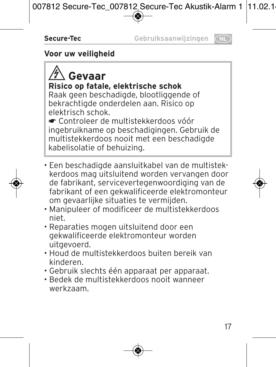 Gevaar | Brennenstuhl Secure-Tec 19.500A extension socket with surge protection acoustic 6-way anthracite 3m H05VV-F 3G1,5 User Manual | Page 17 / 64