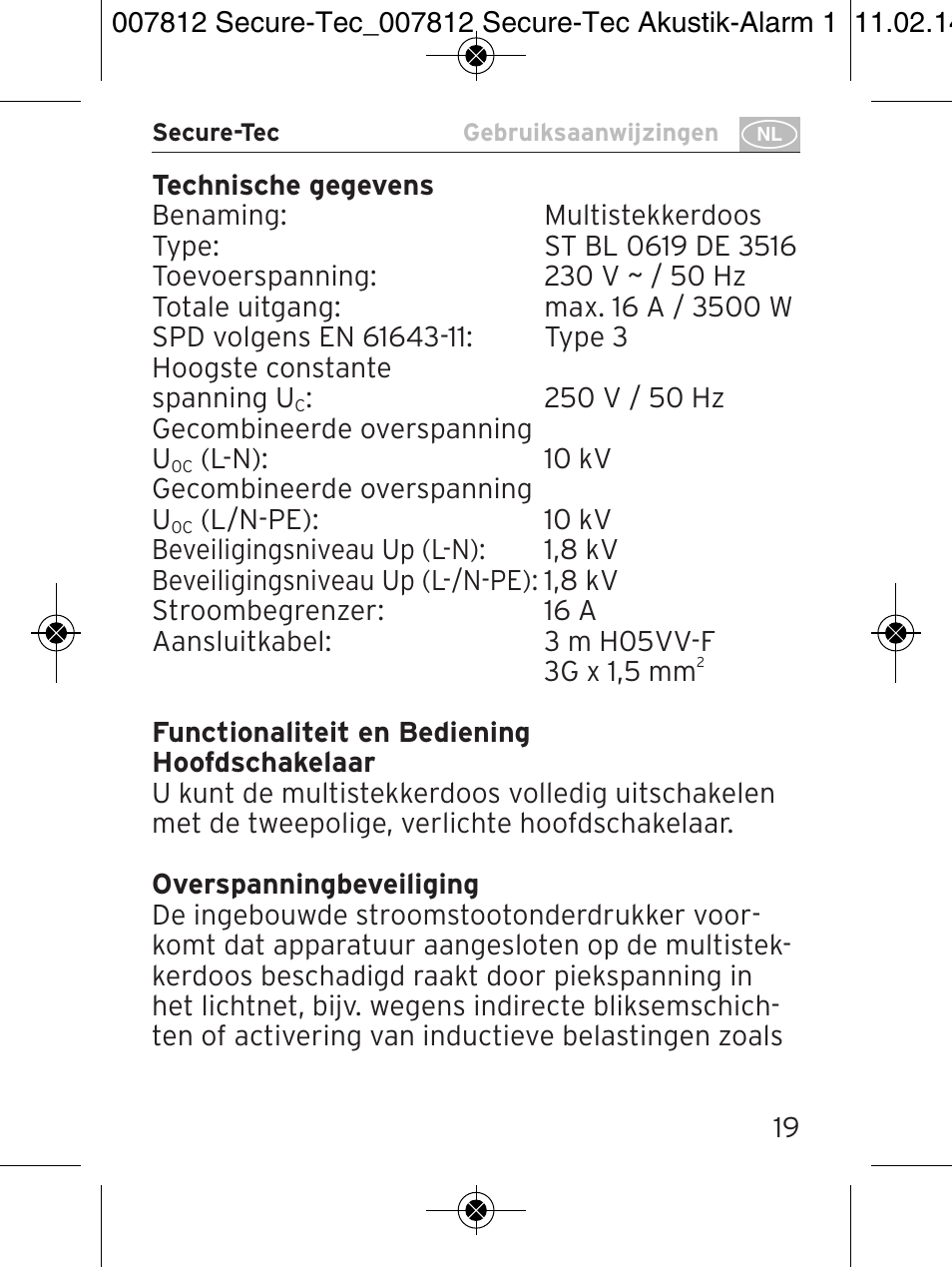 Brennenstuhl Secure-Tec 19.500A extension socket with surge protection acoustic 6-way anthracite 3m H05VV-F 3G1,5 User Manual | Page 19 / 64