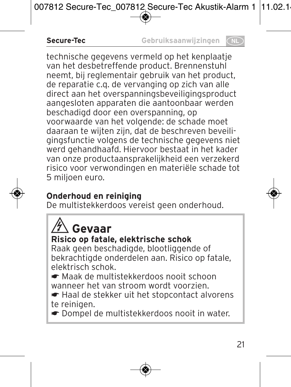 Gevaar | Brennenstuhl Secure-Tec 19.500A extension socket with surge protection acoustic 6-way anthracite 3m H05VV-F 3G1,5 User Manual | Page 21 / 64
