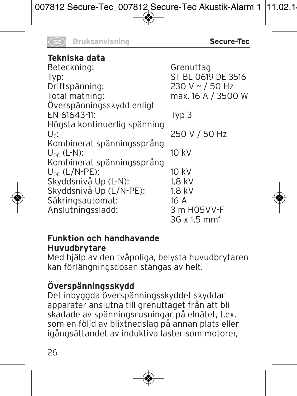 Brennenstuhl Secure-Tec 19.500A extension socket with surge protection acoustic 6-way anthracite 3m H05VV-F 3G1,5 User Manual | Page 26 / 64