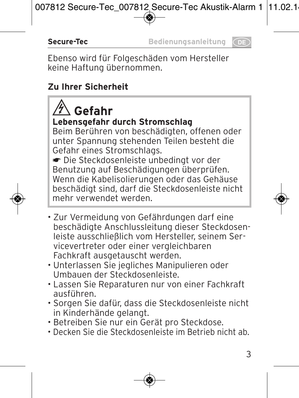 Gefahr | Brennenstuhl Secure-Tec 19.500A extension socket with surge protection acoustic 6-way anthracite 3m H05VV-F 3G1,5 User Manual | Page 3 / 64