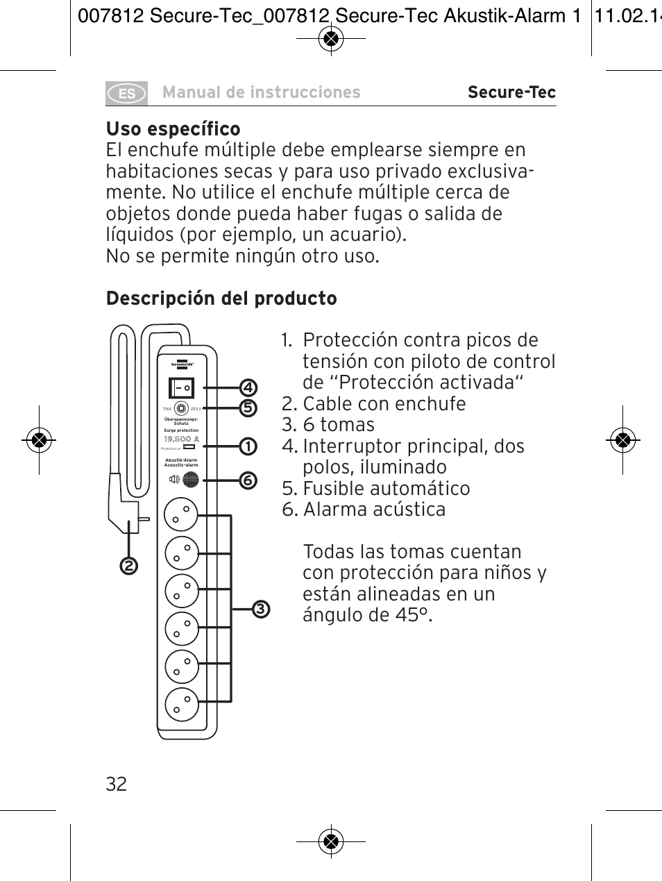 Manual de instrucciones secure-tec | Brennenstuhl Secure-Tec 19.500A extension socket with surge protection acoustic 6-way anthracite 3m H05VV-F 3G1,5 User Manual | Page 32 / 64