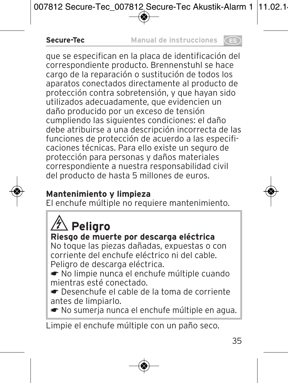 Peligro | Brennenstuhl Secure-Tec 19.500A extension socket with surge protection acoustic 6-way anthracite 3m H05VV-F 3G1,5 User Manual | Page 35 / 64