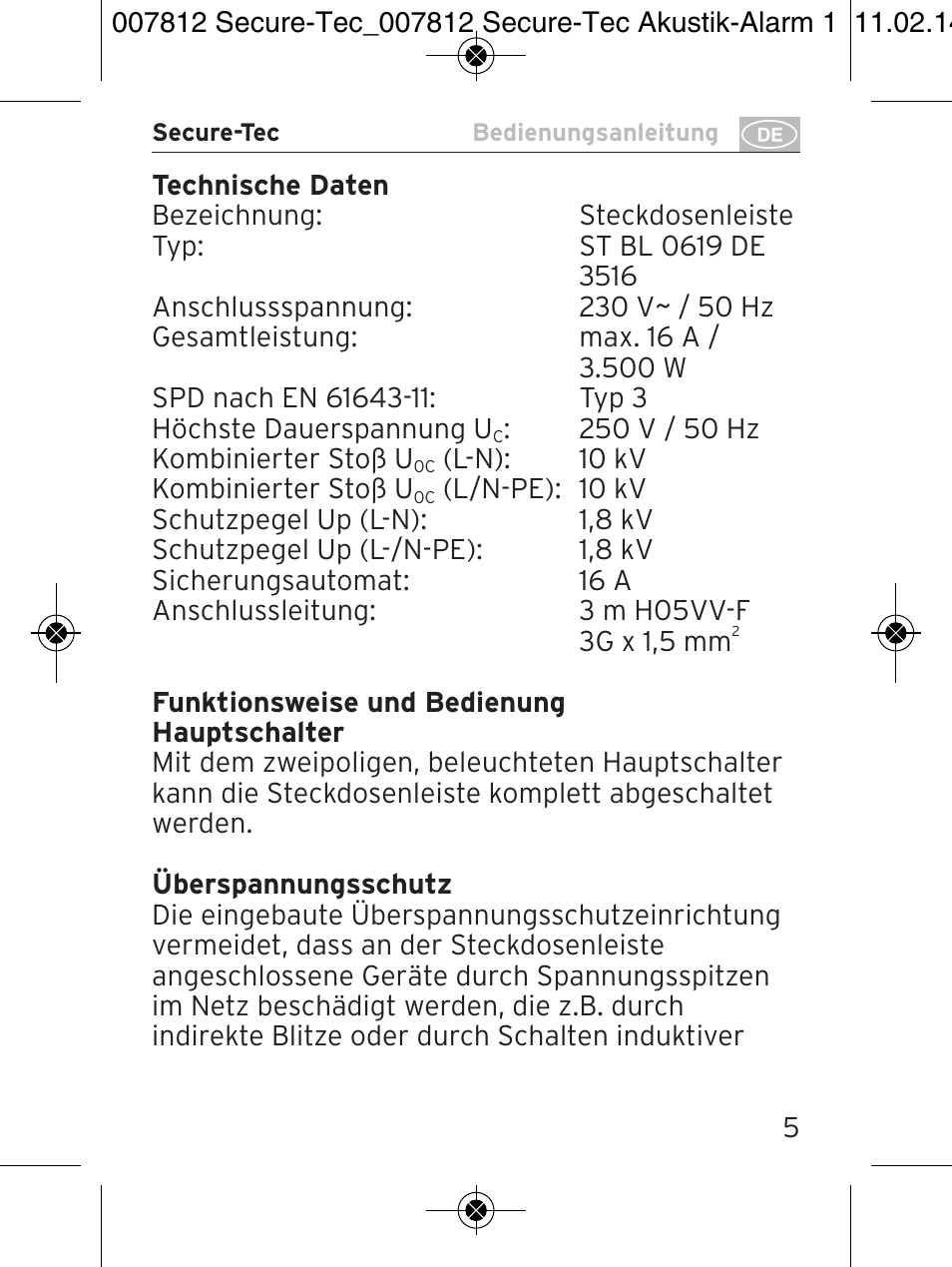 Brennenstuhl Secure-Tec 19.500A extension socket with surge protection acoustic 6-way anthracite 3m H05VV-F 3G1,5 User Manual | Page 5 / 64