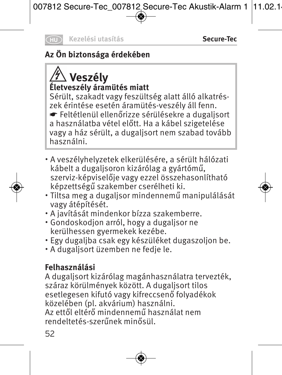 Veszély | Brennenstuhl Secure-Tec 19.500A extension socket with surge protection acoustic 6-way anthracite 3m H05VV-F 3G1,5 User Manual | Page 52 / 64