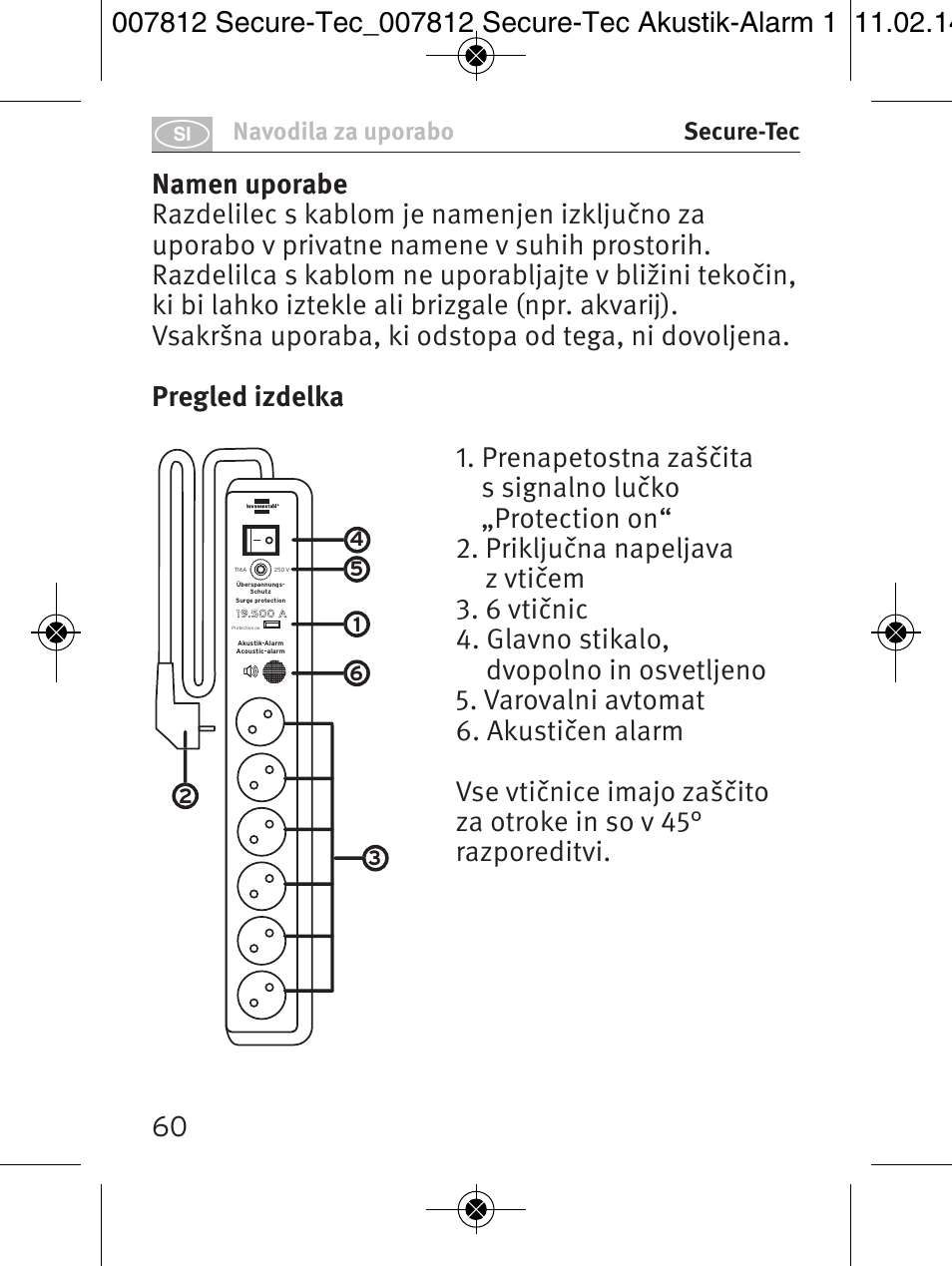 Navodila za uporabo secure-tec | Brennenstuhl Secure-Tec 19.500A extension socket with surge protection acoustic 6-way anthracite 3m H05VV-F 3G1,5 User Manual | Page 60 / 64