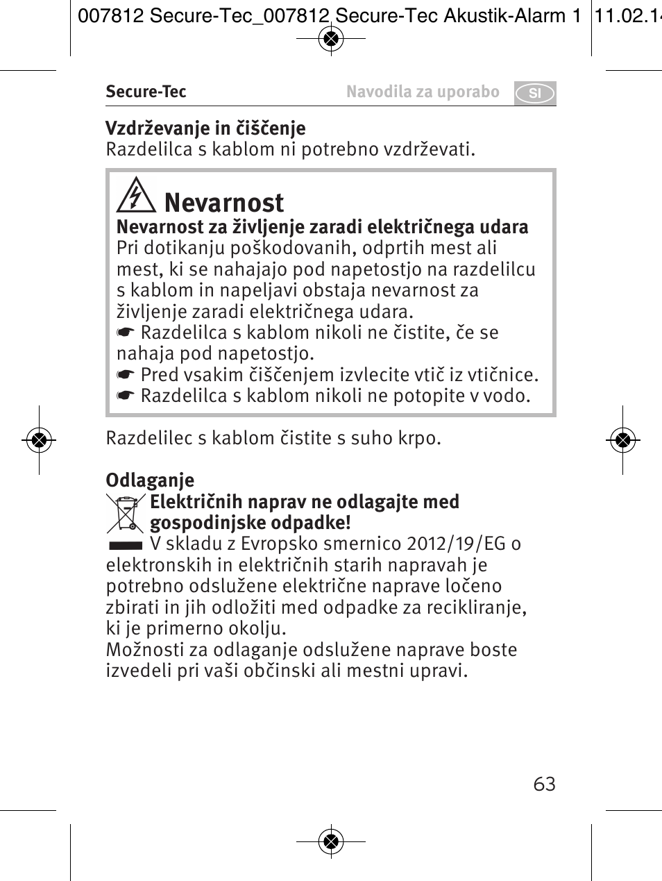 Nevarnost | Brennenstuhl Secure-Tec 19.500A extension socket with surge protection acoustic 6-way anthracite 3m H05VV-F 3G1,5 User Manual | Page 63 / 64