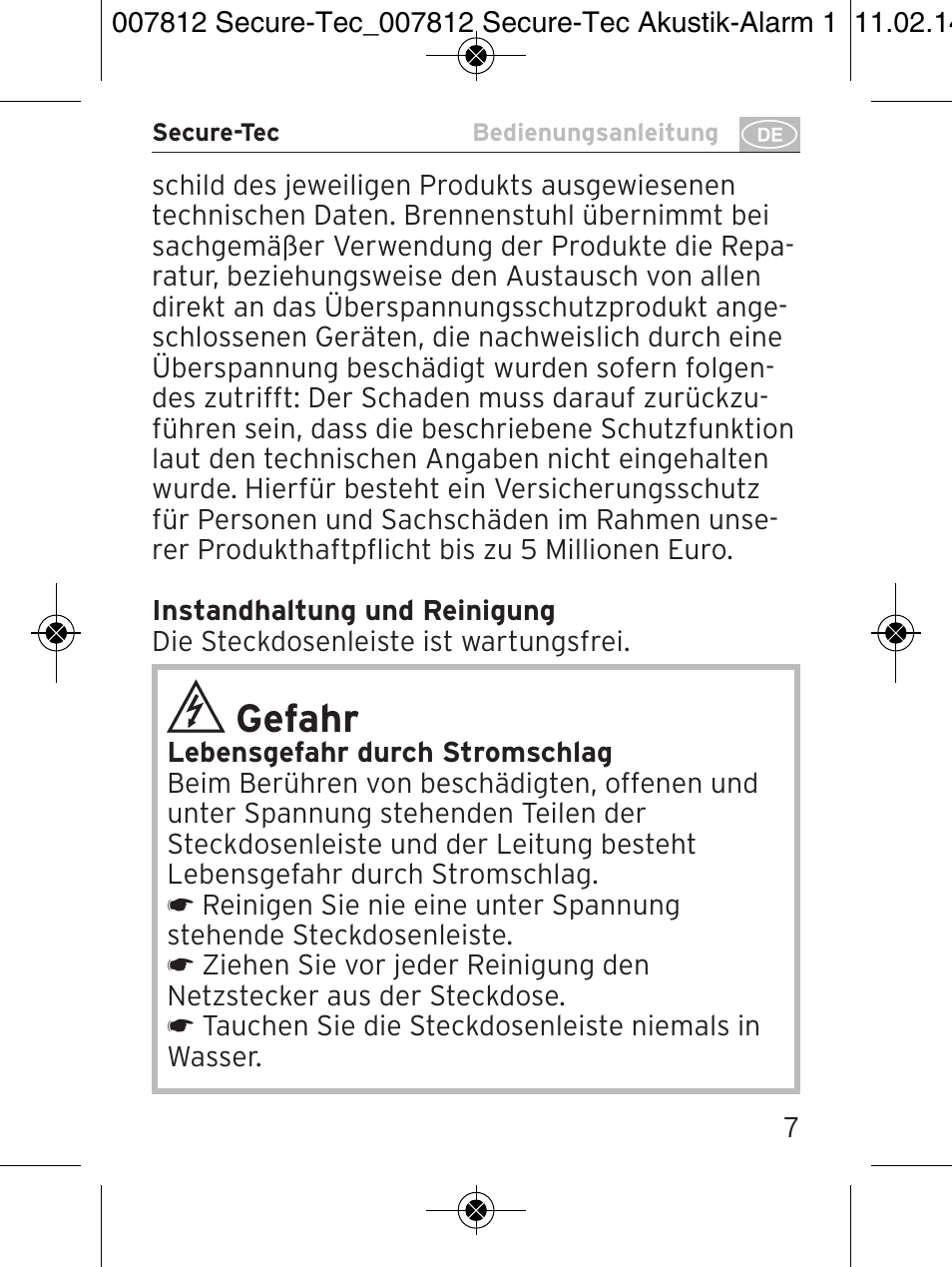 Gefahr | Brennenstuhl Secure-Tec 19.500A extension socket with surge protection acoustic 6-way anthracite 3m H05VV-F 3G1,5 User Manual | Page 7 / 64
