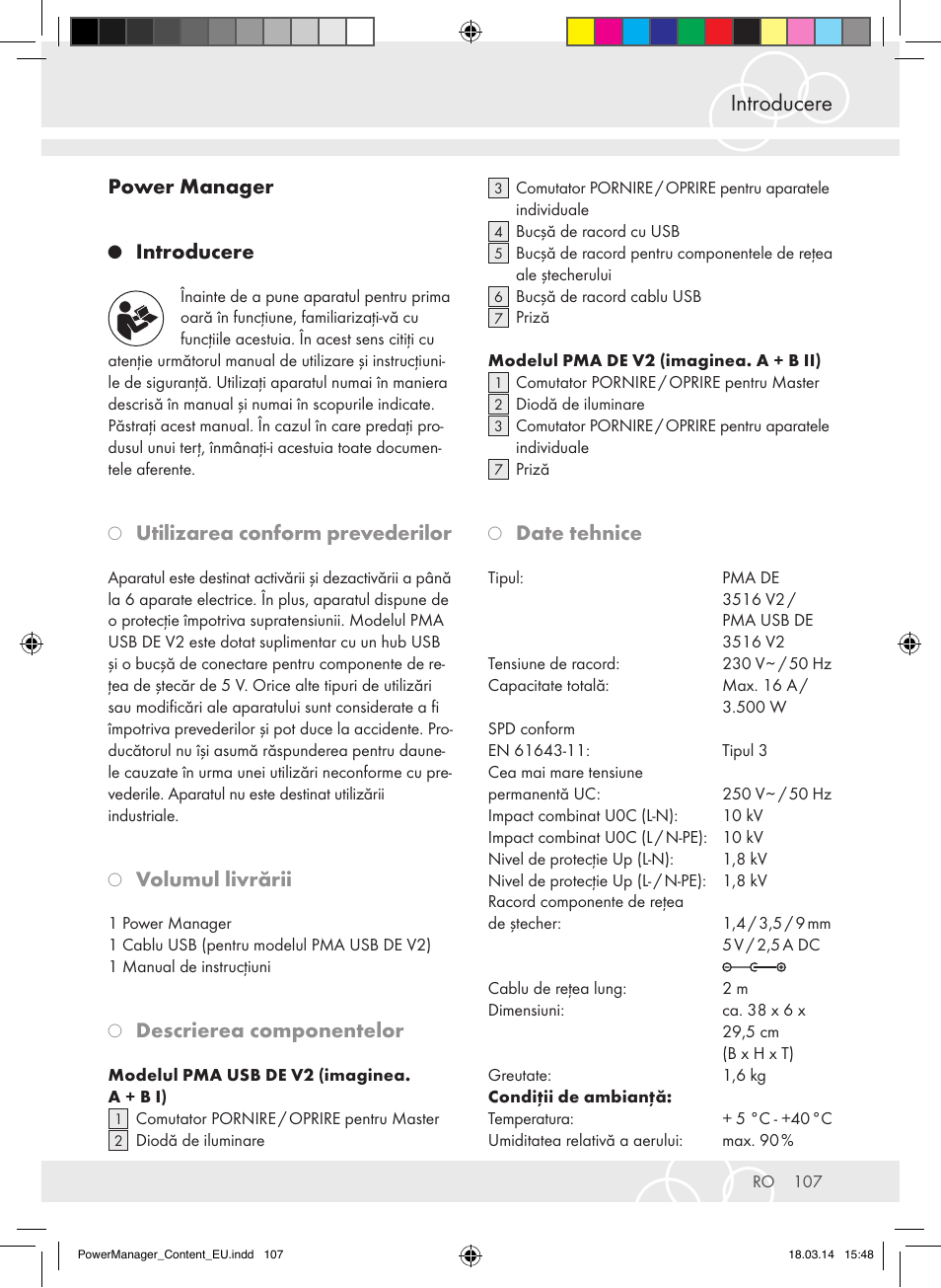 Introducere, Power manager, Utilizarea conform prevederilor | Volumul livrării, Descrierea componentelor, Date tehnice | Brennenstuhl Power Manager PMA 19.500A surge protection 6-way 2m H05VV-F 3G1,5 User Manual | Page 107 / 127